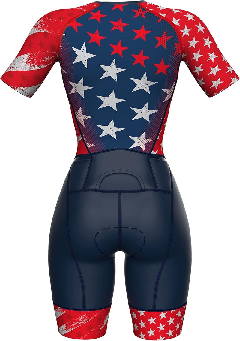 sparx Aero Triathlon Suit Women Short Sleeve Tri Suit Women Running Swimming Cycling Skinsuit (US Flag, Small) - Image 3